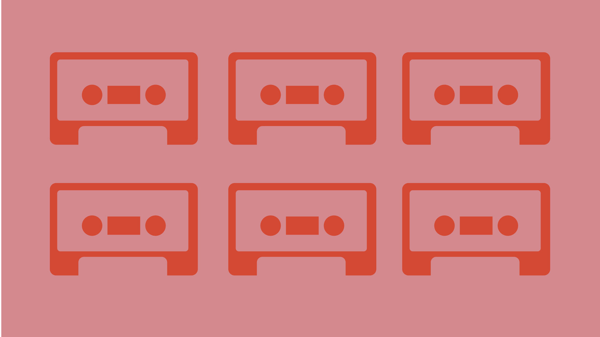 Zes rode cassettebandjes op een roze achtergrond, weergegeven in een gestileerde, minimalistische stijl.