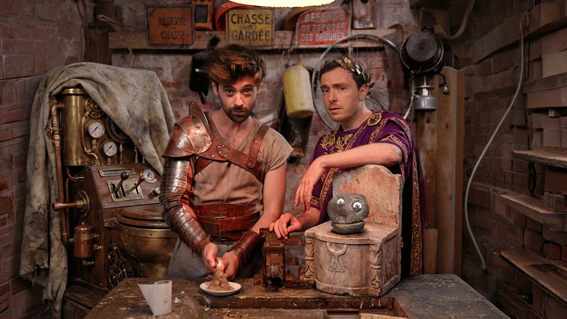 Willem Voogd en Pieter Hulst in romeinse outfits in de proefkeuken