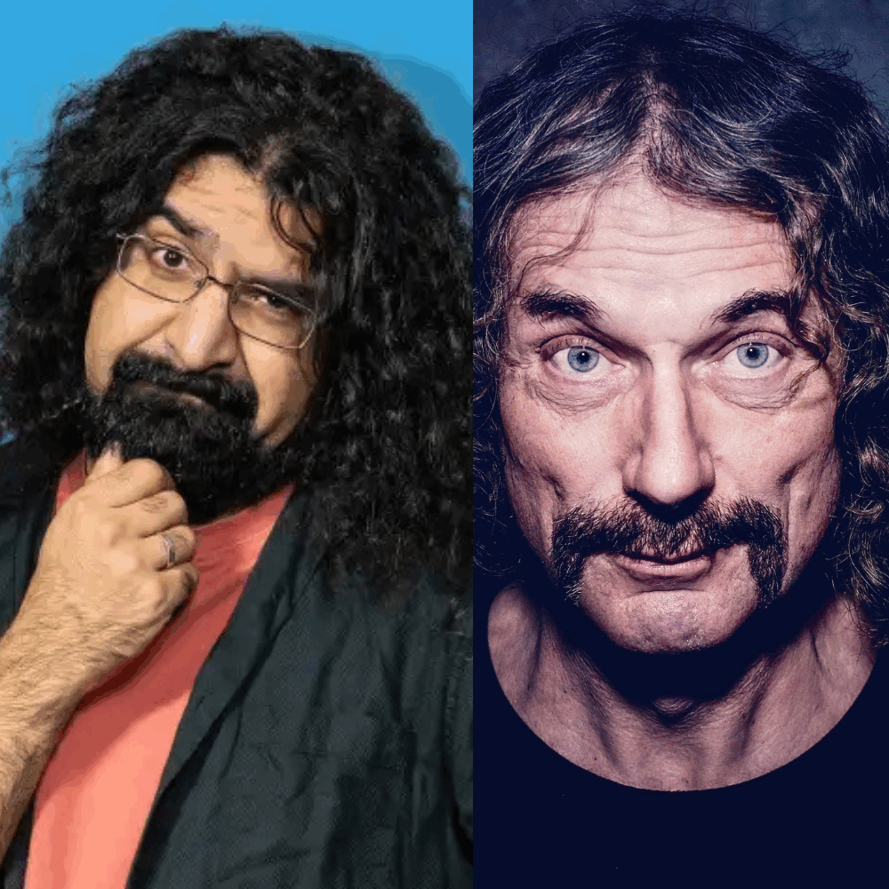 Twee mannen met krullend haar: links een man met een baard en bril, rechts een man met een snor en een serieuze blik.