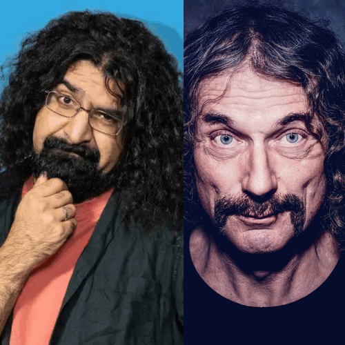 Twee mannen met krullend haar: links een man met een baard en bril, rechts een man met een snor en een serieuze blik.