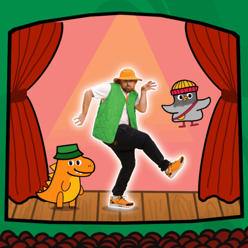 cartoon van een podium en een man die erop staat als een dino