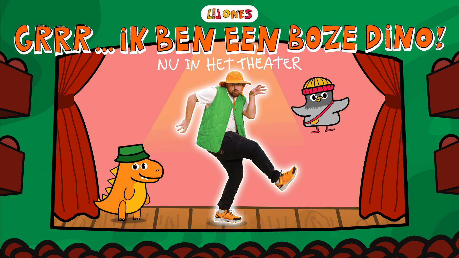cartoon van een podium en een man die erop staat als een dino
