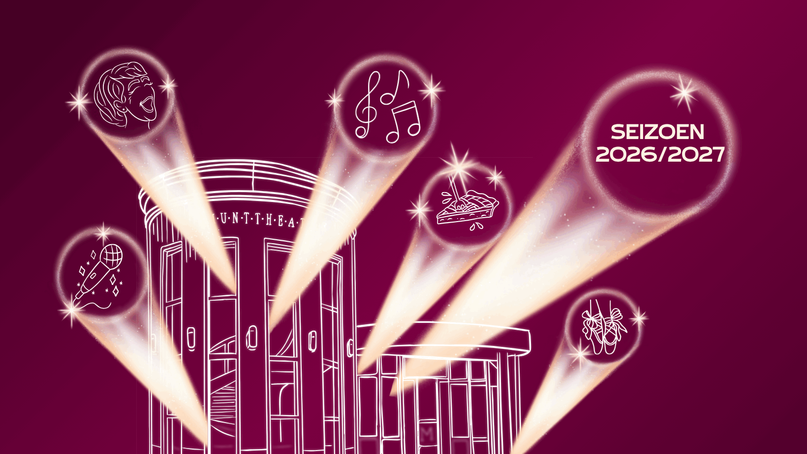 Illustratie met iconen van muziek en kunst die stralen naar een gebouw wijzen, met de tekst "Seizoen 2026/2027".
