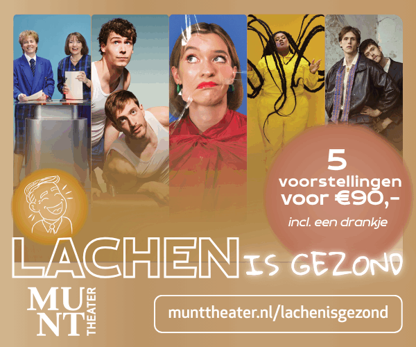 Een advertentie voor Munt Theater met de tekst "Lachen is gezond" en informatie over 5 voorstellingen voor €90, inclusief een drankje.