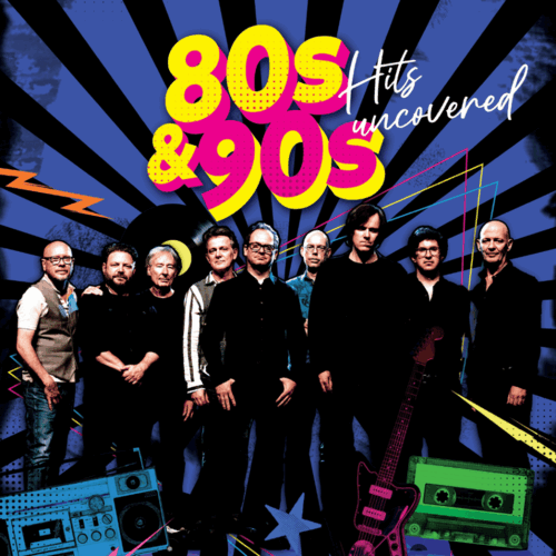 groep mensen voor een cartoon achtergrond met tekst: 80s & 90s hits uncovered