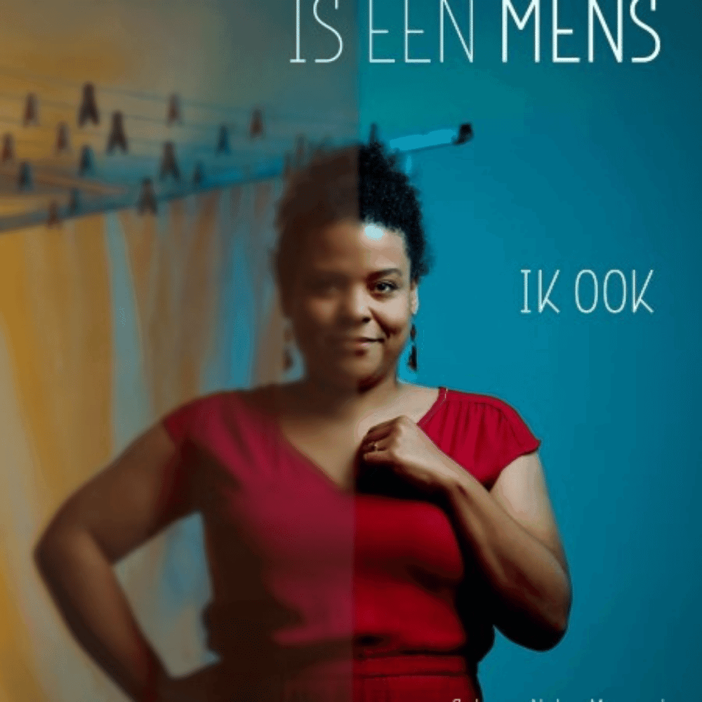 foto van vrouw, links is wazig en rechts staat de tekst: is een mens, ik ook