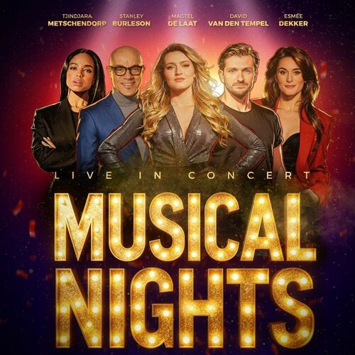 Alt-tekst: Groep performers in een promotionele afbeelding voor het concert "Musical Nights," met een kleurrijke achtergrond en naam in grote letters.