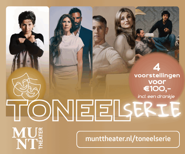 Afbeelding met promotie voor de Toneelserie in Munt Theater, inclusief foto's van acteurs en een aanbieding van 4 voorstellingen voor €100.