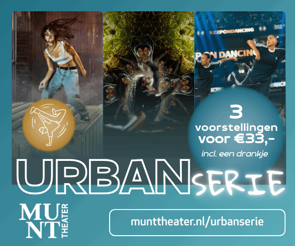 Drie afbeeldingen van dansers met tekst: "URBANSERIE" en aanbod van 3 voorstellingen voor €33, inclusief drankje.