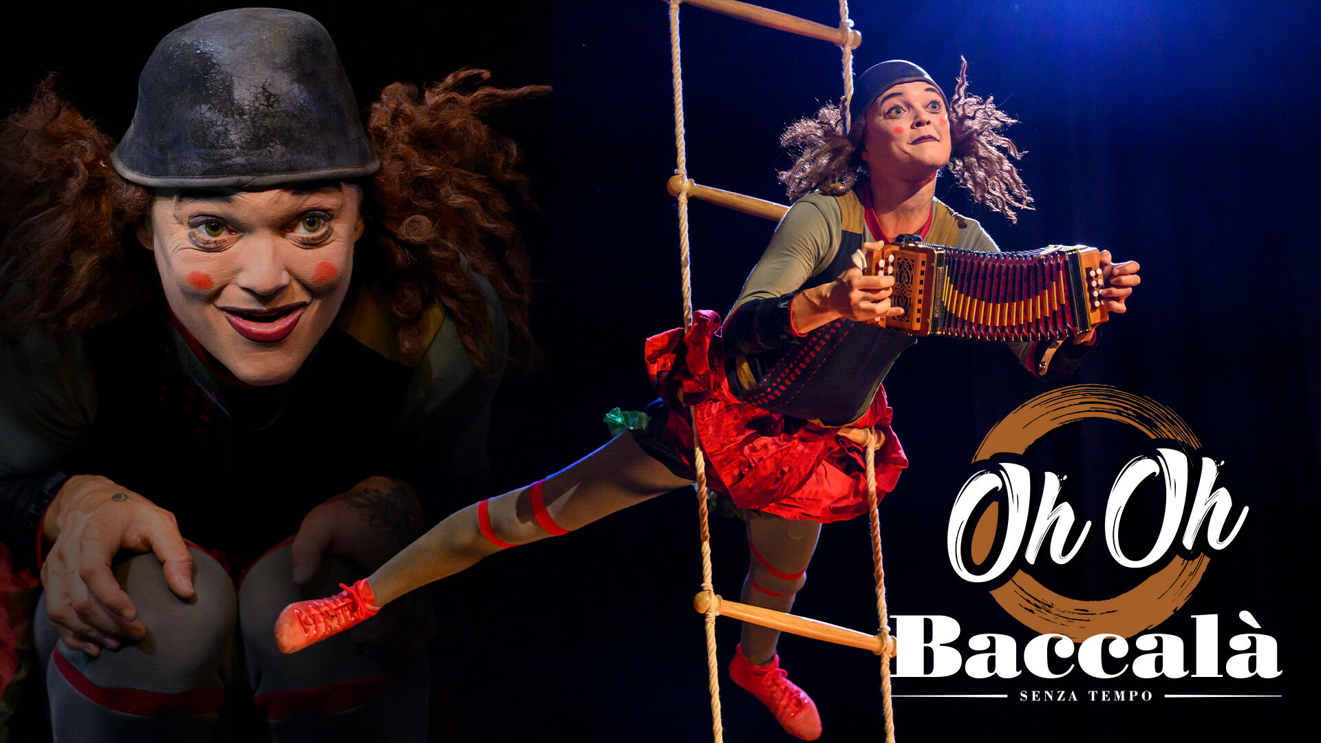 Een clown in theatrale pose, naast een artiest die acrobatische vaardigheden vertoont aan een ladder, met de tekst "Oh Oh Baccalà."