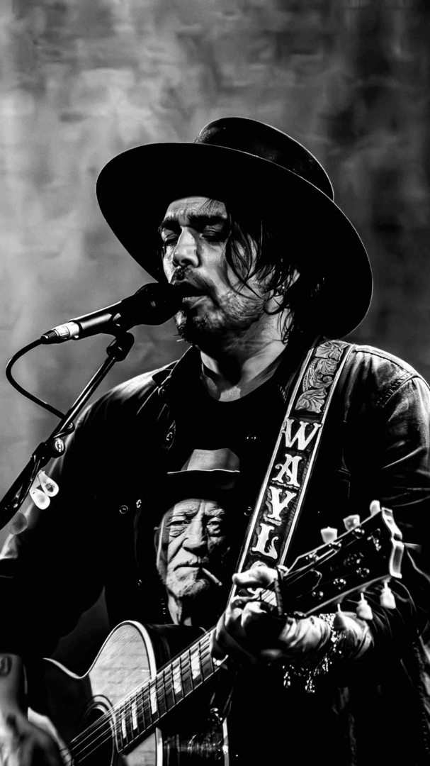Waylon staat met zijn gitaar achter een microfoon