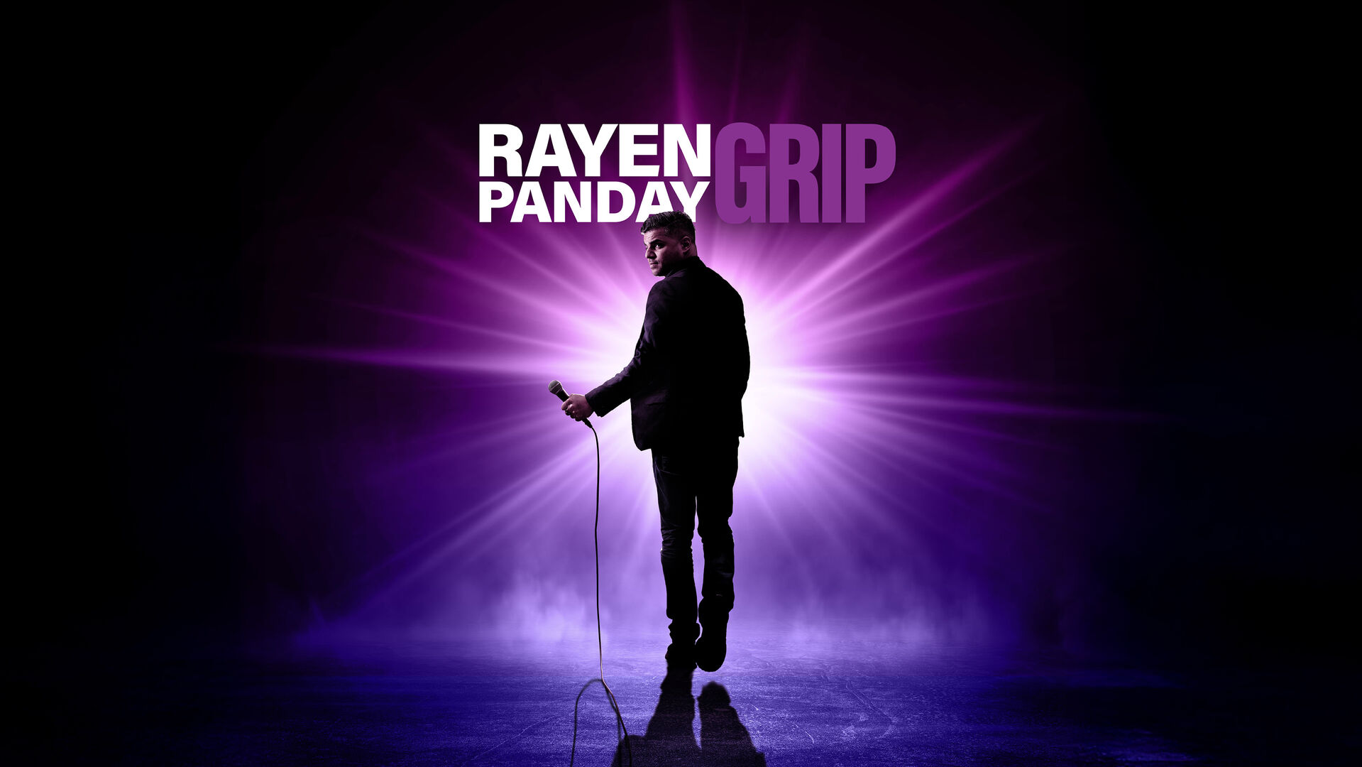Silhouet van een man met microfoon, omgeven door paarse gloed, met de tekst "Rayen Panday - Grip".
