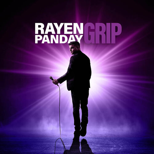 Silhouet van Rayen Panday met een microfoon, staande op het podium met paarse lichten en de titel "Grip" bovenaan.