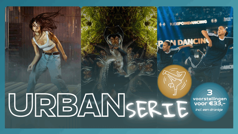 Drie afbeeldingen van de Urban Serie, met een vrouw in actie, een mystiek landschap en een dansvoorstelling, met promotietekst.