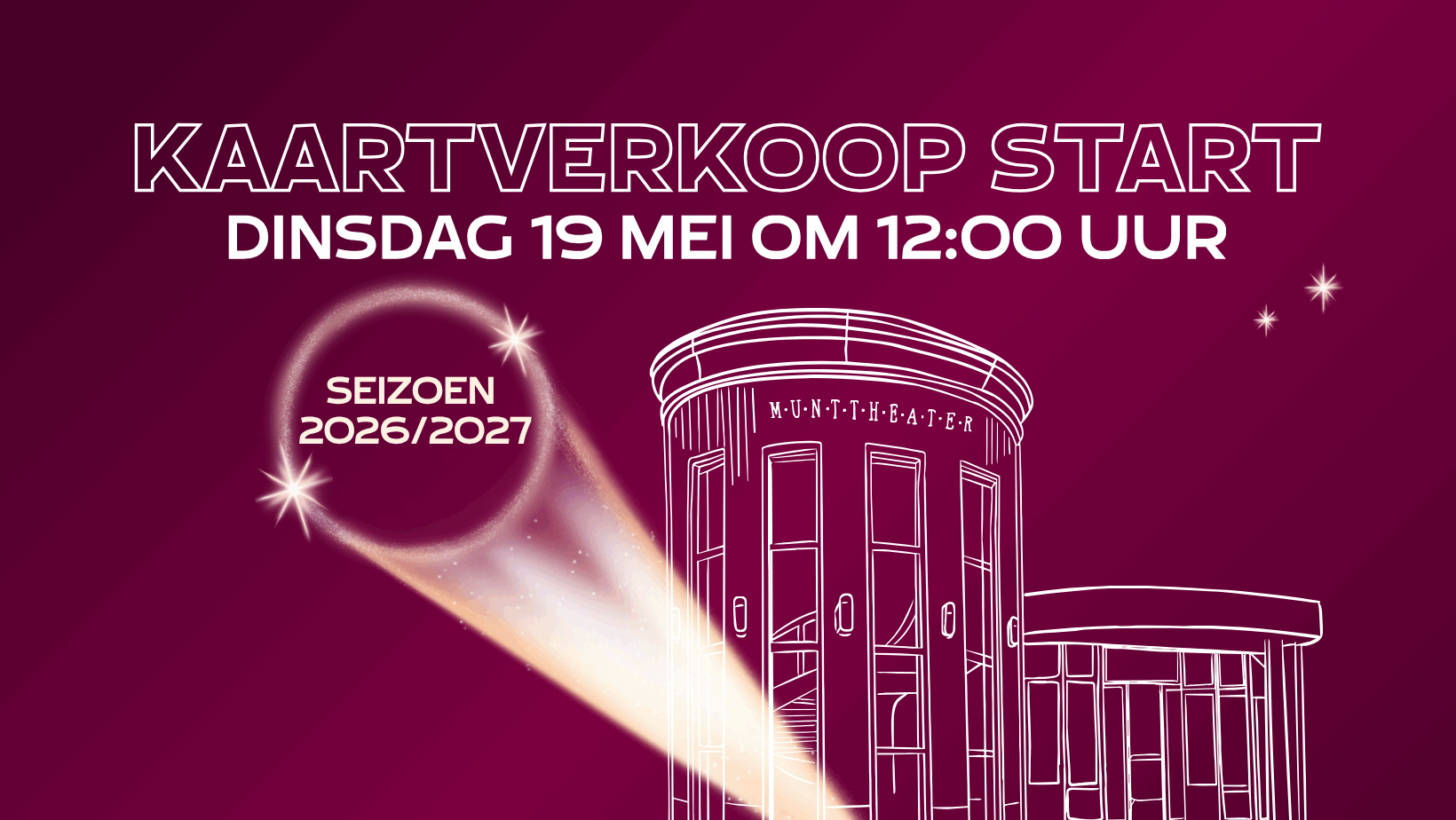 Alt-tekst: Aankondiging van de start van de kaartverkoop voor het seizoen 2026/2027 op dinsdag 19 mei om 12:00 uur.
