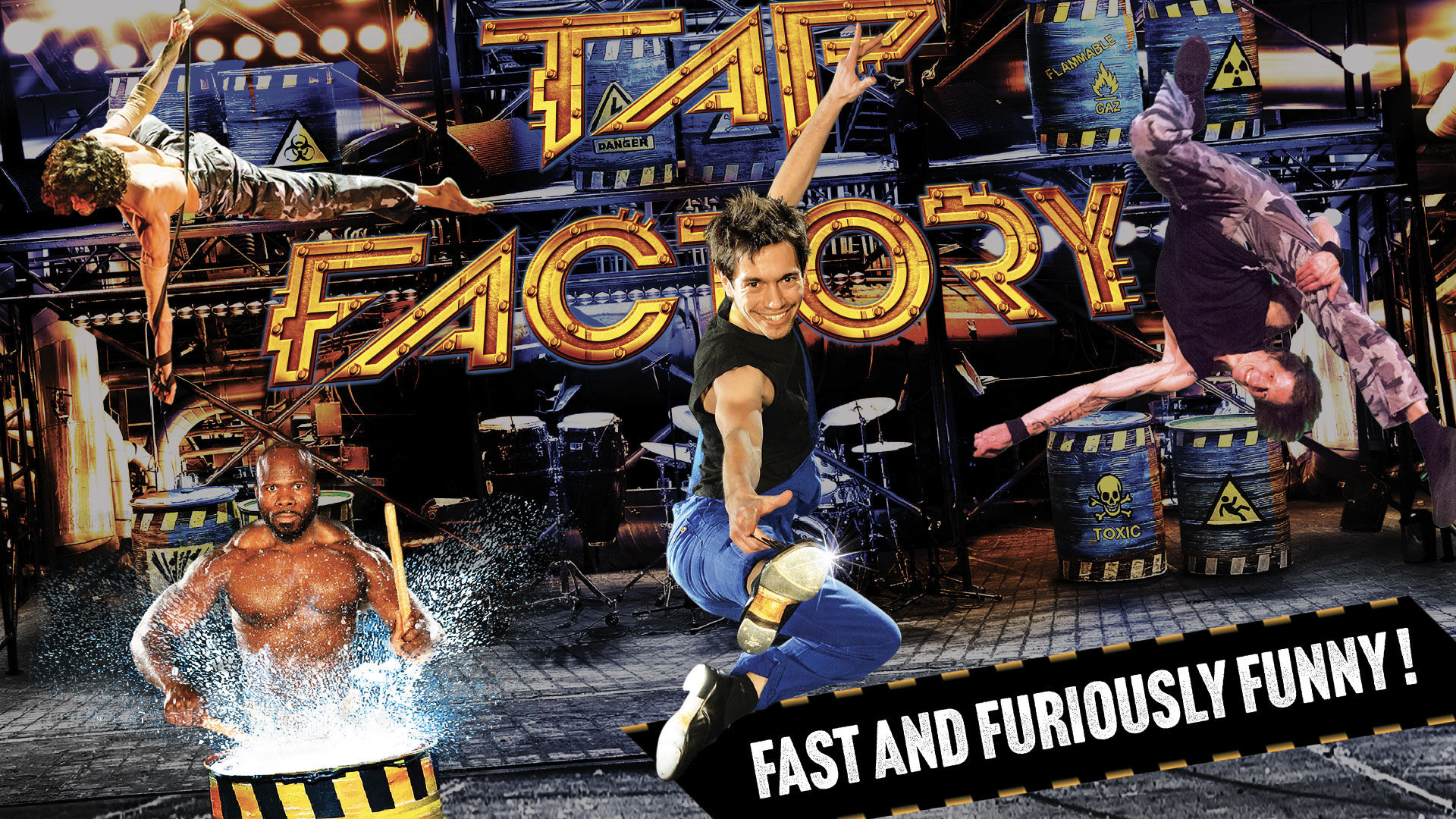 tap factory in het midden met mensen eromheen die stunts doen