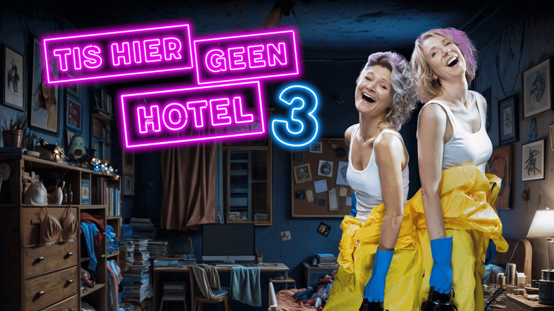 2 vrouwen in een gele overal in een rommelige kamer