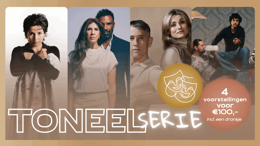 Promotionele afbeelding voor een toneelserie met portretten van acteurs en informatie over vier voorstellingen.
