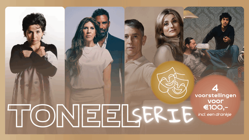 Promotionele afbeelding voor een toneelserie met portretten van acteurs en informatie over vier voorstellingen.